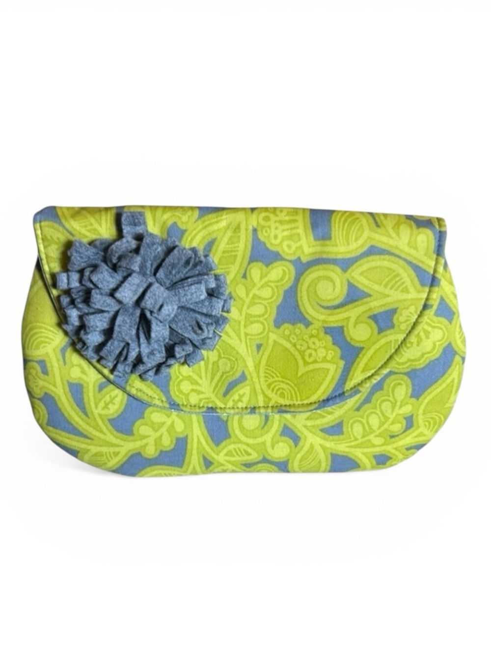 83 West Gray Green and Yellow Paisley Fabric Clutch Pouchette